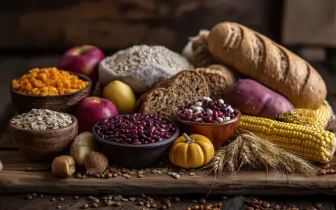 Różnorodne produkty bogate w węglowodany: chleb, zboża, fasola, kukurydza, ziemniaki, jabłka, dynia.