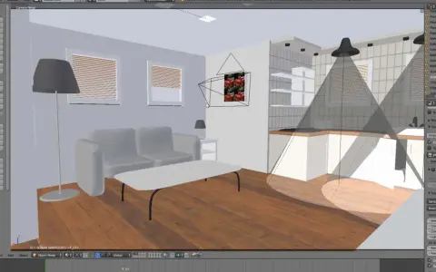 Projekt wnętrza w **blender aplikacja**: salon z aneksem kuchennym, widok z kamery, z zaznaczonymi światłami i elementami sceny.