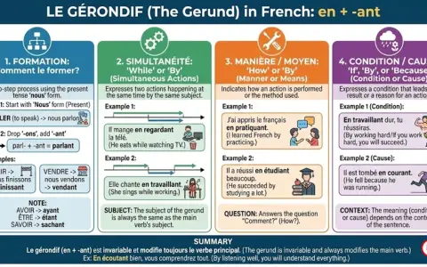 Le gérondif français : formation, simultanéité, manière et cause. Ex: "En écoutant bien, vous comprendrez tout.