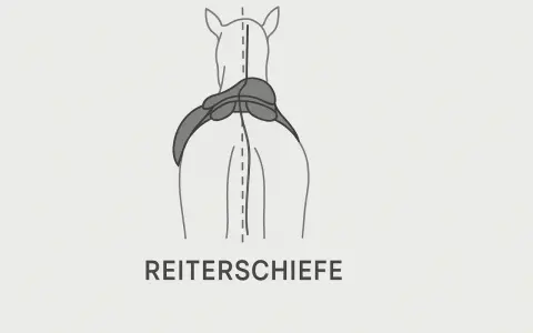 Illustration zeigt ein Pferd von hinten, bei dem der Sattel nach hinten rutscht. Dies wird als "Reitersschiefe" bezeichnet.