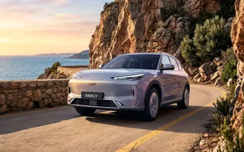 Un Geely plateado recorre una carretera costera en España al atardecer, con el mar Mediterráneo y acantilados rocosos de fondo.