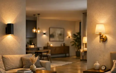 Appliques murales modernes, une noire en saillie et une dorée en applique, éclairent un salon cosy et une salle à manger chaleureuse.