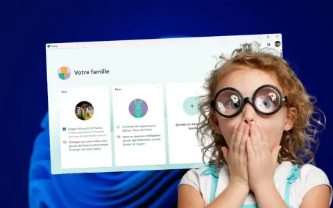 Une fillette surprise devant l'écran d'un PC affichant la gestion du contrôle parental familial Microsoft.