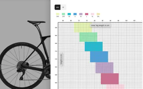 A cyclocross bike and a sizing chart showing height vs. inner leg length for different sizes.