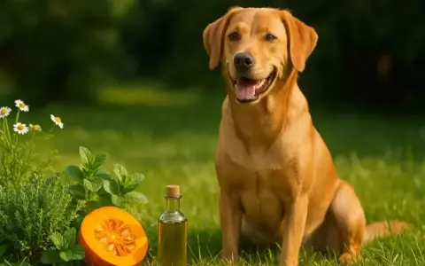 Labrador joyeux à côté d'une courge, d'herbes et d'une huile, suggérant un vermifuge chien naturel.
