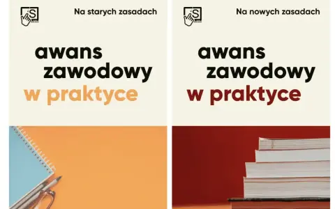 Dwa panele o awansie zawodowym. Lewy: "Na starych zasadach", zeszyt i przybory. Prawy: "Na nowych zasadach", stos książek. Idealne dla nauczyciela mianowanego.
