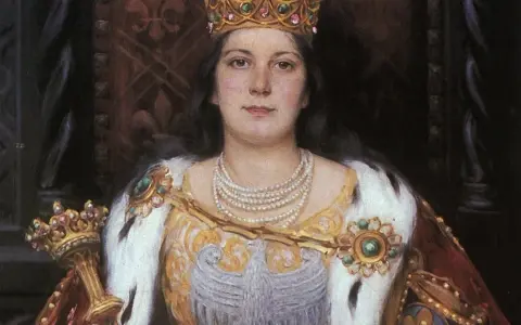 Portret królowej Jadwigi w koronie i klejnotach. Jej śmierć, choć nie pokazana, jest tematem dyskusji, jak zginęła królowa Jadwiga.