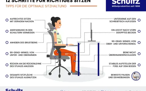 Illustration zeigt, wie man den schreibtisch optimal einrichten kann für eine gesunde Sitzhaltung.