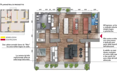 Planimetria di progetto per come dividere una casa di 150 mq: ingresso con bagno/guardaroba, cucina a vista, salotto con divano modulare.