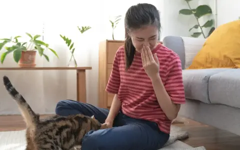 Dziewczyna zatyka nos, czując objawy alergii na kota. Kot siedzi obok niej na dywanie.