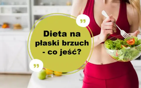 Kobieta w czerwonym stroju sportowym je sałatkę. Tekst: "Dieta na płaski brzuch - co jeść?".