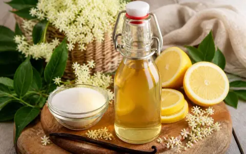 Bouteille de sirop de sureau, citrons, sucre et fleurs de sureau. Une recette de grand-mère pour un sirop fait maison.