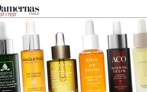 Flera ansikts oljor i glasflaskor med pipettlock, inklusive Marina Miracle, Estelle & Thild, Clarins, Björk & Berries, ACO och Exuviance.