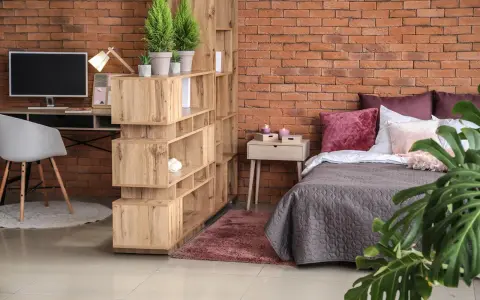 Soluzione d'arredo per un monolocale di 40 mq: libreria divisoria, scrivania, letto accogliente e piante verdi creano uno spazio funzionale e di stile.