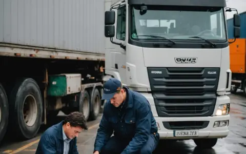 Dwóch mężczyzn przy ciężarówce sprawdza dokumenty. Na pierwszym planie widać fragmenty naczepy i opon. Jeden z nich trzyma w ręku kartę przewozową.