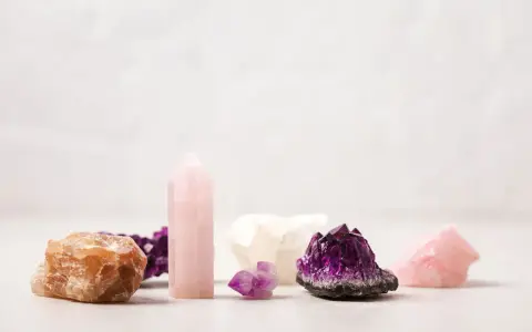 Colección de cristales energéticos: amatista, cuarzo rosa y calcita anaranjada, dispuestos sobre una superficie clara.