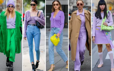 Cinque donne sfoggiano look con abbinamento lilla e blu, tra cui jeans chiari, maglioncini e cappotti colorati.