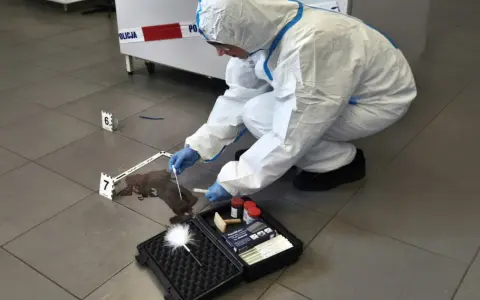 Ekspert w białym kombinezonie pobiera próbki z plamy krwi. To praca dla specjalistów od chemii kryminalistycznej.