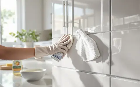 Ręka w rękawiczce czyści białe, błyszczące fronty mebli sprayem i ściereczką.