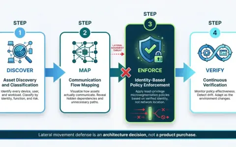 Four steps to prevent lateral movement: Discover assets, Map communication, Enforce identity-based policies, and Verify continuously.