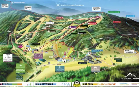 Mapa ośrodka narciarskiego i rowerowego Czarna Góra w Polsce. Widoczne trasy zjazdowe, rowerowe, wyciągi, schroniska i hotele.