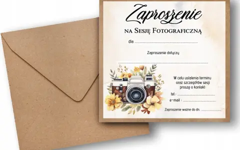 Zaproszenie na sesję fotograficzną z motywem aparatu i kwiatów. Tekst zaproszenia zawiera pola do uzupełnienia danych.