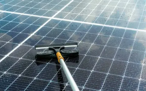 Herramienta para limpiar placas solares con agua y espuma. El proceso de como limpiar placas solares es sencillo y mejora su eficiencia.