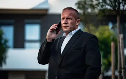Krzysztof Bukowski, reżyser, w garniturze rozmawia przez telefon.
