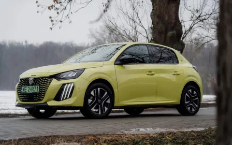 Żółty Peugeot e-208 stoi na tle drzew i zimowego krajobrazu.