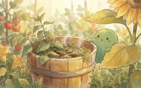Un tierno ser verde observa un balde de madera con agua humeante y hojas de ortiga. Alrededor, tomates, flores amarillas y un girasol.