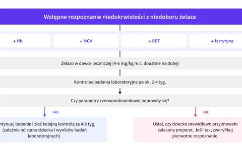 Schemat diagnostyki niedokrwistości z niedoboru żelaza u niemowlaka. Wskazuje na badania, dawkowanie żelaza i kontrolę leczenia.