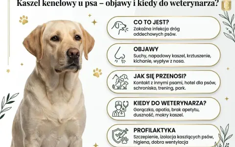 Labrador z objawami kaszlu kenelowego u psa: suchy kaszel, kichanie, wypływ z nosa. Informacje o chorobie i profilaktyce.