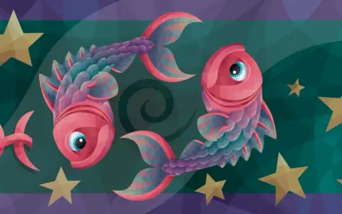 Dwie różowe ryby, symbol zodiaku Ryby, tworzą idealny partner dla ryby. Gwiazdy i symbol Ryb dopełniają kosmiczną scenę.