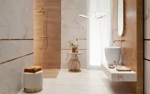 Elegancka łazienka z płytkami glamour imitującymi marmur i drewno. Złote detale, nowoczesne oświetlenie i stylowe dodatki tworzą luksusową atmosferę.