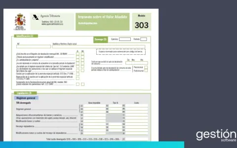Formulario Modelo 303 para la autoliquidación del IVA. Incluye campos para datos de identificación, devengo y liquidación, con secciones para el IVA devengado y recargo de equivalencia. Las iva trimestral fechas se refieren al periodo de devengo.