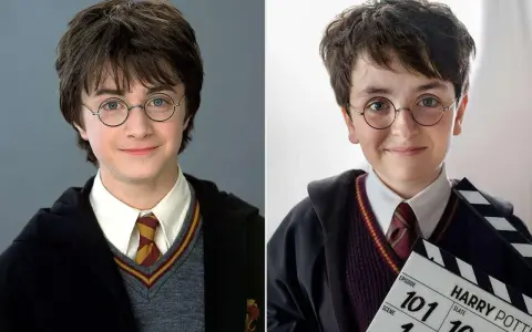 Daniel Radcliffe som ung Harry Potter, först i närbild och sedan med en filmklappa.