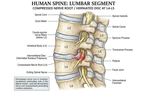 Detail der Lendenwirbelsäulen-L4-L5-Region mit Bandscheibenvorfall, der eine Nervenwurzel komprimiert. Anatomie der Lende.