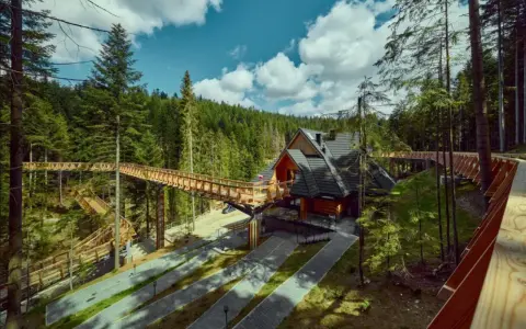 Drewniana ścieżka w koronach drzew i góralski domek to główne waksmund atrakcje. Wspaniałe widoki na las i Tatry.