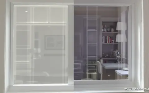 Fenêtre avec film phonique. La partie gauche est opaque, la droite laisse voir une cuisine moderne.