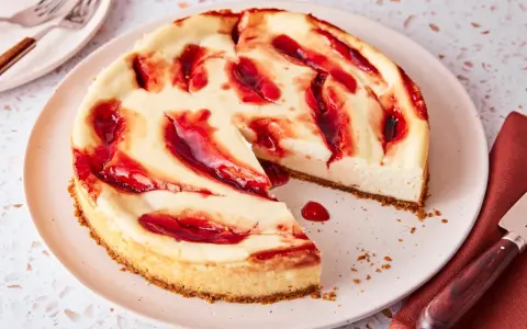 Ein saftiger american cheesecake mit keksboden, verziert mit roten Fruchtwirbeln. Ein Stück fehlt bereits.