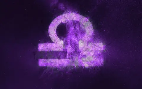 Symbol Wagi, znaku zodiaku, z fioletową, kosmiczną poświatą. Poznaj jego charakterystykę.
