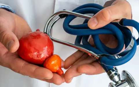 Dłonie lekarza trzymają model pęcherza i prostaty. Stetoskop symbolizuje troskę o zdrowie i prawidłową funkcję prostaty.