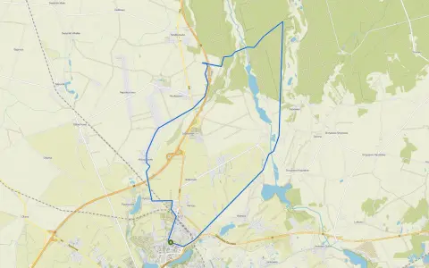 Mapa z zaznaczonymi trasami rowerowymi Gniezno i okolicami. Pętla prowadzi przez malownicze tereny, lasy i wsie.
