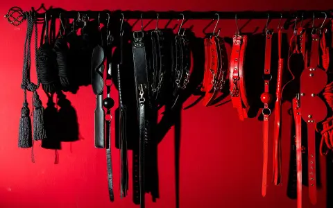 Kolekcja czarnych i czerwonych akcesoriów, takich jak bicze, kajdanki i maski, sugeruje fetysz seksualny.