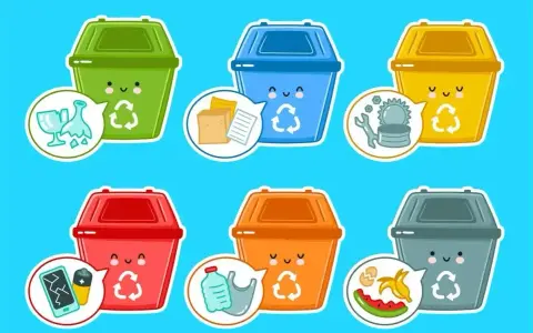 Jak narysować kosz na śmieci? Sześć kolorowych, uśmiechniętych koszy na śmieci z symbolami recyklingu i przykładami odpadów.