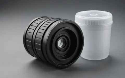 A black, ribbed cylindrical object, possibly for an abs application, sits next to a translucent plastic container with a lid.