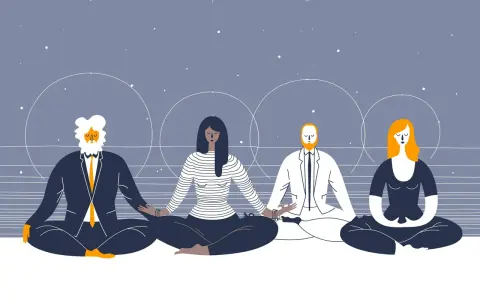 Four people in business attire meditate under a starry sky, finding peace and living a quiet life.