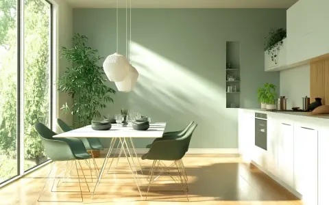 Salle à manger lumineuse avec un mur vert sauge, une grande fenêtre donnant sur la verdure, une table dressée et une cuisine moderne.