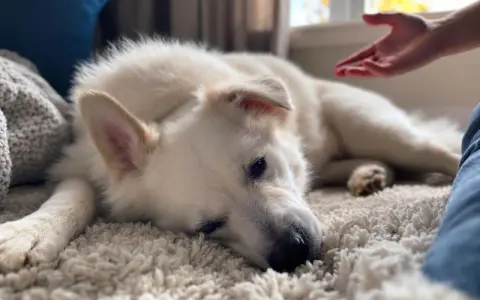 Un chien blanc se repose sur un tapis moelleux, une main tendue vers lui. Comment savoir si mon chien est heureux ? Il semble paisible.