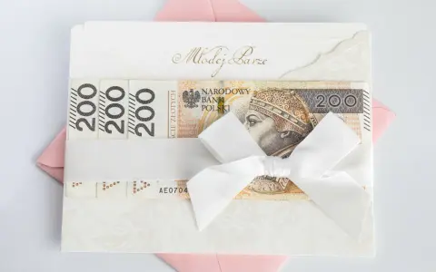 Elegancka koperta z napisem "Młodej Parze", ozdobiona banknotami 200 zł i białą wstążką. Idealny sposób, jak udokumentować pieniądze z wesela.